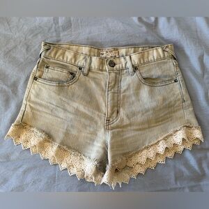 Free People Pin Striped Jean Shorts with Lace Trim